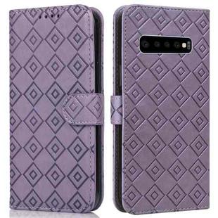 For Samsung Galaxy S10 Embossed Big Small Concentric Squares Pattern Horizontal Flip Leather Case with Card Slot & Holder & Wallet(Purple)