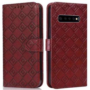 For Samsung Galaxy S10 Embossed Big Small Concentric Squares Pattern Horizontal Flip Leather Case with Card Slot & Holder & Wallet(Brown)