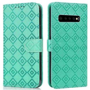 For Samsung Galaxy S10 Embossed Big Small Concentric Squares Pattern Horizontal Flip Leather Case with Card Slot & Holder & Wallet(Green)