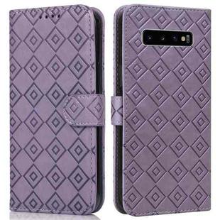 For Samsung Galaxy S10+ Embossed Big Small Concentric Squares Pattern Horizontal Flip Leather Case with Card Slot & Holder & Wallet(Purple)