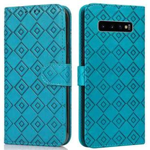 For Samsung Galaxy S10+ Embossed Big Small Concentric Squares Pattern Horizontal Flip Leather Case with Card Slot & Holder & Wallet(Blue)