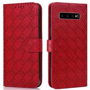 For Samsung Galaxy S10+ Embossed Big Small Concentric Squares Pattern Horizontal Flip Leather Case with Card Slot & Holder & Wallet(Red)