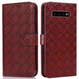 For Samsung Galaxy S10+ Embossed Big Small Concentric Squares Pattern Horizontal Flip Leather Case with Card Slot & Holder & Wallet(Brown)