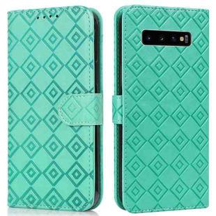 For Samsung Galaxy S10+ Embossed Big Small Concentric Squares Pattern Horizontal Flip Leather Case with Card Slot & Holder & Wallet(Green)