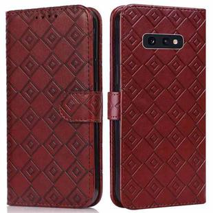 For Samsung Galaxy S10e Embossed Big Small Concentric Squares Pattern Horizontal Flip Leather Case with Card Slot & Holder & Wallet(Brown)