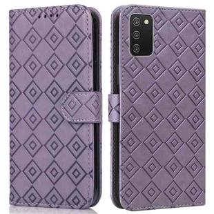 For Samsung Galaxy A02s / M02s Embossed Big Small Concentric Squares Pattern Horizontal Flip Leather Case with Card Slot & Holder & Wallet(Purple)