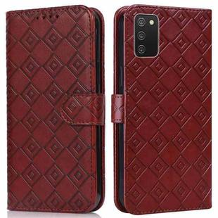 For Samsung Galaxy A02s / M02s Embossed Big Small Concentric Squares Pattern Horizontal Flip Leather Case with Card Slot & Holder & Wallet(Brown)