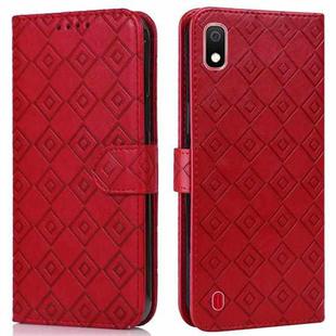 For Samsung Galaxy A10 / M10 Embossed Big Small Concentric Squares Pattern Horizontal Flip Leather Case with Card Slot & Holder & Wallet(Red)