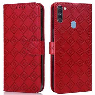 For Samsung Galaxy A11 / M11 Embossed Big Small Concentric Squares Pattern Horizontal Flip Leather Case with Card Slot & Holder & Wallet(Red)