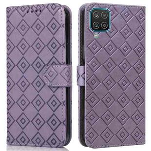 For Samsung Galaxy A12 5G Embossed Big Small Concentric Squares Pattern Horizontal Flip Leather Case with Card Slot & Holder & Wallet(Purple)