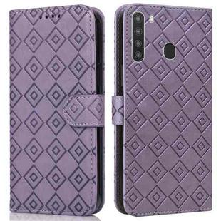 For Samsung Galaxy A21 Embossed Big Small Concentric Squares Pattern Horizontal Flip Leather Case with Card Slot & Holder & Wallet(Purple)
