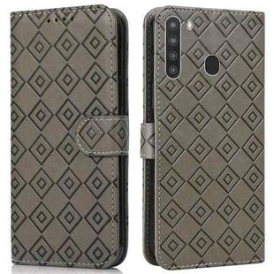 For Samsung Galaxy A21 US Version Embossed Big Small Concentric Squares Pattern Horizontal Flip Leather Case with Card Slot & Holder & Wallet(Grey)