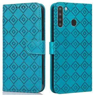 For Samsung Galaxy A21 US Version Embossed Big Small Concentric Squares Pattern Horizontal Flip Leather Case with Card Slot & Holder & Wallet(Blue)