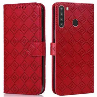 For Samsung Galaxy A21 US Version Embossed Big Small Concentric Squares Pattern Horizontal Flip Leather Case with Card Slot & Holder & Wallet(Red)