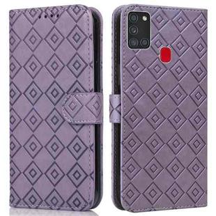 For Samsung Galaxy A21s Embossed Big Small Concentric Squares Pattern Horizontal Flip Leather Case with Card Slot & Holder & Wallet(Purple)