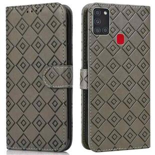 For Samsung Galaxy A21s Embossed Big Small Concentric Squares Pattern Horizontal Flip Leather Case with Card Slot & Holder & Wallet(Grey)