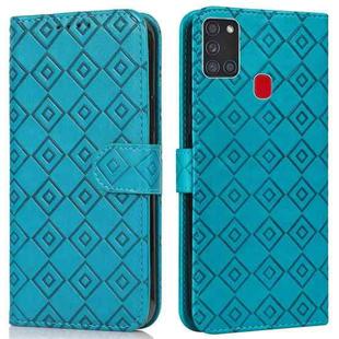 For Samsung Galaxy A21s Embossed Big Small Concentric Squares Pattern Horizontal Flip Leather Case with Card Slot & Holder & Wallet(Blue)
