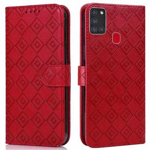 For Samsung Galaxy A21s Embossed Big Small Concentric Squares Pattern Horizontal Flip Leather Case with Card Slot & Holder & Wallet(Red)