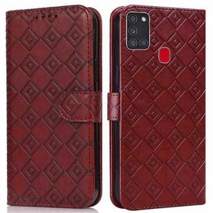 For Samsung Galaxy A21s Embossed Big Small Concentric Squares Pattern Horizontal Flip Leather Case with Card Slot & Holder & Wallet(Brown)