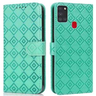 For Samsung Galaxy A21s Embossed Big Small Concentric Squares Pattern Horizontal Flip Leather Case with Card Slot & Holder & Wallet(Green)