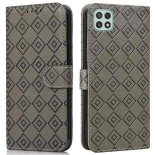 For Samsung Galaxy A22 5G Embossed Big Small Concentric Squares Pattern Horizontal Flip Leather Case with Card Slot & Holder & Wallet(Grey)