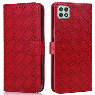 For Samsung Galaxy A22 5G Embossed Big Small Concentric Squares Pattern Horizontal Flip Leather Case with Card Slot & Holder & Wallet(Red)