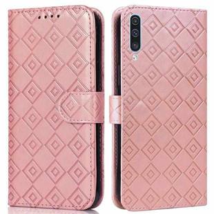 For Samsung Galaxy A30s EU Version Embossed Big Small Concentric Squares Pattern Horizontal Flip Leather Case with Card Slot & Holder & Wallet(Pink)