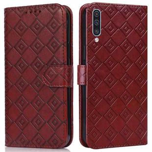 For Samsung Galaxy A30s EU Version Embossed Big Small Concentric Squares Pattern Horizontal Flip Leather Case with Card Slot & Holder & Wallet(Brown)