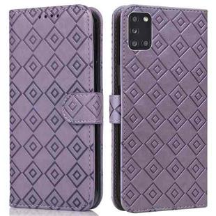 For Samsung Galaxy A31 Embossed Big Small Concentric Squares Pattern Horizontal Flip Leather Case with Card Slot & Holder & Wallet(Purple)