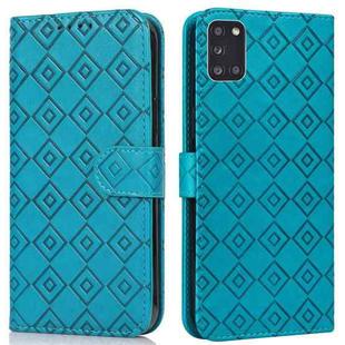 For Samsung Galaxy A31 Embossed Big Small Concentric Squares Pattern Horizontal Flip Leather Case with Card Slot & Holder & Wallet(Blue)