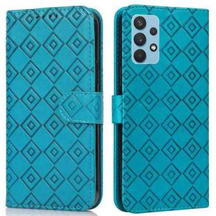 For Samsung Galaxy A32 4G Embossed Big Small Concentric Squares Pattern Horizontal Flip Leather Case with Card Slot & Holder & Wallet(Blue)