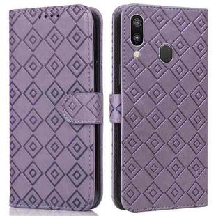 For Samsung Galaxy A40 Embossed Big Small Concentric Squares Pattern Horizontal Flip Leather Case with Card Slot & Holder & Wallet(Purple)