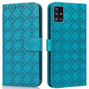 For Samsung Galaxy A51 5G Embossed Big Small Concentric Squares Pattern Horizontal Flip Leather Case with Card Slot & Holder & Wallet(Blue)