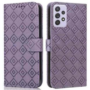 For Samsung Galaxy A72 5G Embossed Big Small Concentric Squares Pattern Horizontal Flip Leather Case with Card Slot & Holder & Wallet(Purple)