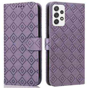 For Samsung Galaxy A52 5G Embossed Big Small Concentric Squares Pattern Horizontal Flip Leather Case with Card Slot & Holder & Wallet(Purple)