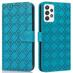 For Samsung Galaxy A52 5G Embossed Big Small Concentric Squares Pattern Horizontal Flip Leather Case with Card Slot & Holder & Wallet(Blue)