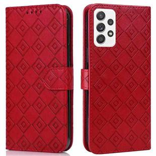 For Samsung Galaxy A52 5G Embossed Big Small Concentric Squares Pattern Horizontal Flip Leather Case with Card Slot & Holder & Wallet(Red)