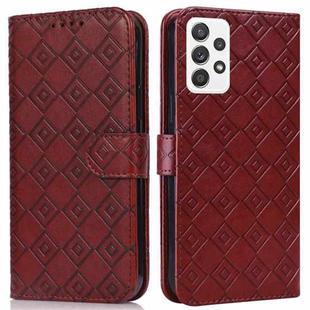 For Samsung Galaxy A52 5G Embossed Big Small Concentric Squares Pattern Horizontal Flip Leather Case with Card Slot & Holder & Wallet(Brown)