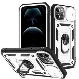 For iPhone 12 Pro Max Sliding Camera Cover Design TPU + PC Protective Case with 360 Degree Rotating Holder & Card Slot(White+Black)