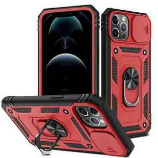 For iPhone 12 Pro Max Sliding Camera Cover Design TPU + PC Protective Case with 360 Degree Rotating Holder & Card Slot(Red+Black)