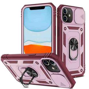 For iPhone 11 Sliding Camera Cover Design TPU + PC Protective Case with 360 Degree Rotating Holder & Card Slot (Pink+Dark Red)