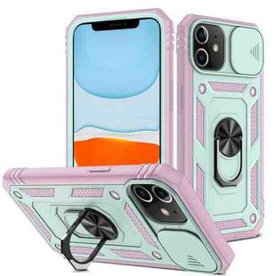 For iPhone 11 Sliding Camera Cover Design TPU + PC Protective Case with 360 Degree Rotating Holder & Card Slot (Pink+Green)