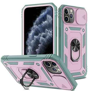 For iPhone 11 Pro Sliding Camera Cover Design TPU + PC Protective Case with 360 Degree Rotating Holder & Card Slot (Grey Green+Pink)