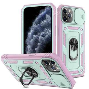 For iPhone 11 Pro Max Sliding Camera Cover Design TPU + PC Protective Case with 360 Degree Rotating Holder & Card Slot (Pink+Green)
