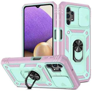 For Samsung Galaxy A32 5G Sliding Camera Cover Design TPU + PC Protective Case with 360 Degree Rotating Holder & Card Slot(Pink+Green)