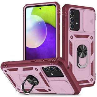 For Samsung Galaxy A52 Sliding Camera Cover Design TPU + PC Protective Case with 360 Degree Rotating Holder & Card Slot(Pink+Dark Red)