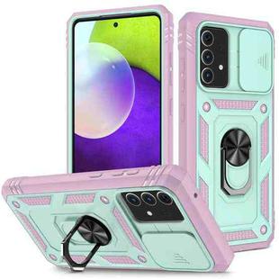 For Samsung Galaxy A52 Sliding Camera Cover Design TPU + PC Protective Case with 360 Degree Rotating Holder & Card Slot(Pink+Green)