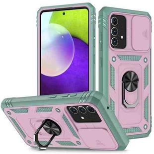 For Samsung Galaxy A52 Sliding Camera Cover Design TPU + PC Protective Case with 360 Degree Rotating Holder & Card Slot(Grey Green+Pink)