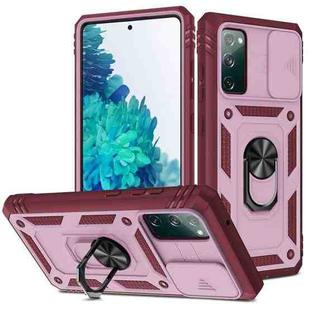 For Samsung Galaxy S20 FE Sliding Camera Cover Design TPU + PC Protective Case with 360 Degree Rotating Holder & Card Slot(Pink+Dark Red)