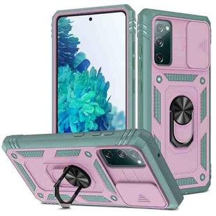 For Samsung Galaxy S20 FE Sliding Camera Cover Design TPU + PC Protective Case with 360 Degree Rotating Holder & Card Slot(Grey Green+Pink)